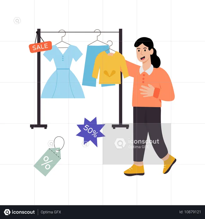 Frau auf der Suche bei Kleidung Verkauf  Illustration