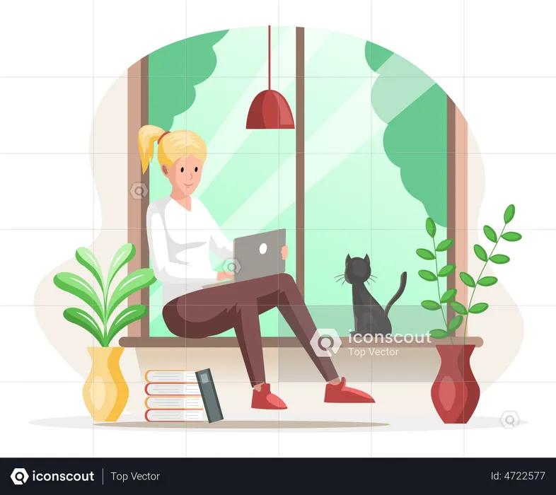 Frau sitzt am Fenster und arbeitet am Laptop  Illustration