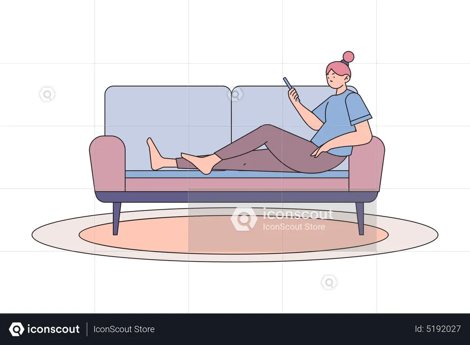 Frau sitzt zu Hause auf der Couch und benutzt ihr Handy  Illustration