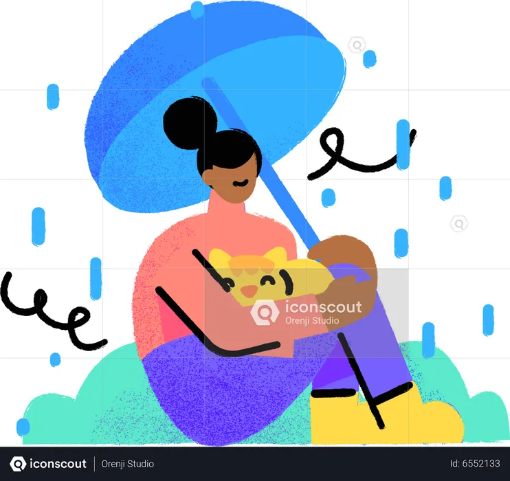 Frau sitzt bei Regen unter Regenschirm  Illustration