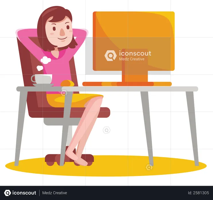 Frau sitzt mit Kaffeetasse auf dem Schreibtisch vor dem Computer für die Arbeit  Illustration