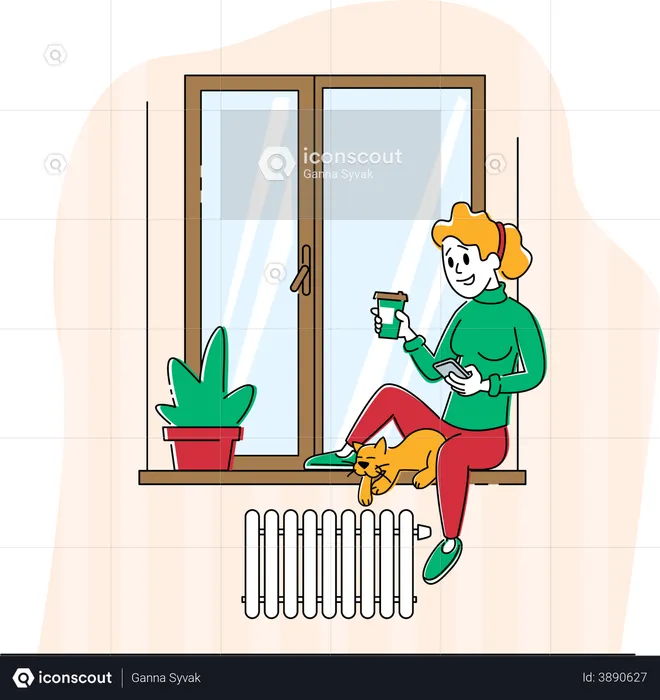 Frau sitzt mit Katze auf Fensterbank  Illustration