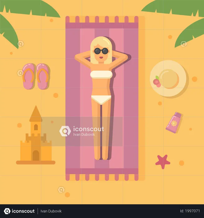 Frau sonnt sich am Strand  Illustration