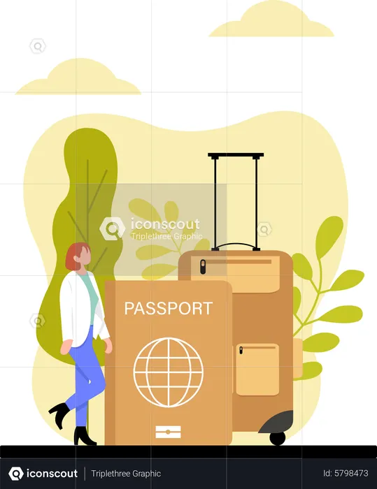 Frau steht mit Gepäck und Reisepass  Illustration