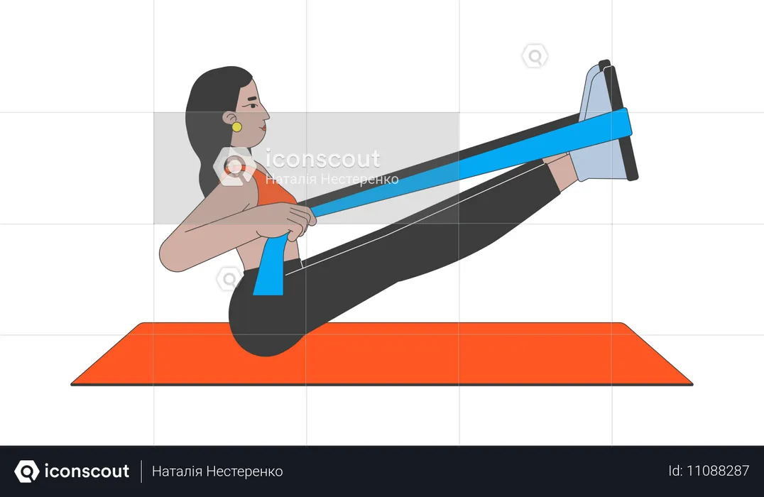 Frau macht Stretching mit Widerstandsband auf Yogamatte  Illustration