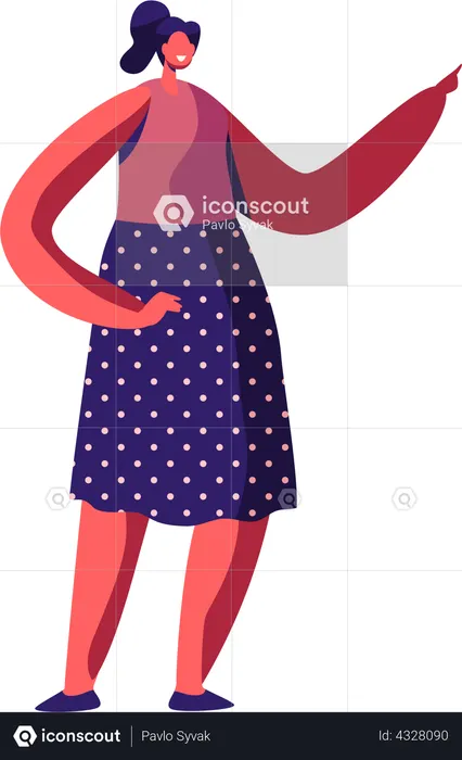 Frau trägt Polka Dot Kleid posiert mit Fingerzeig  Illustration
