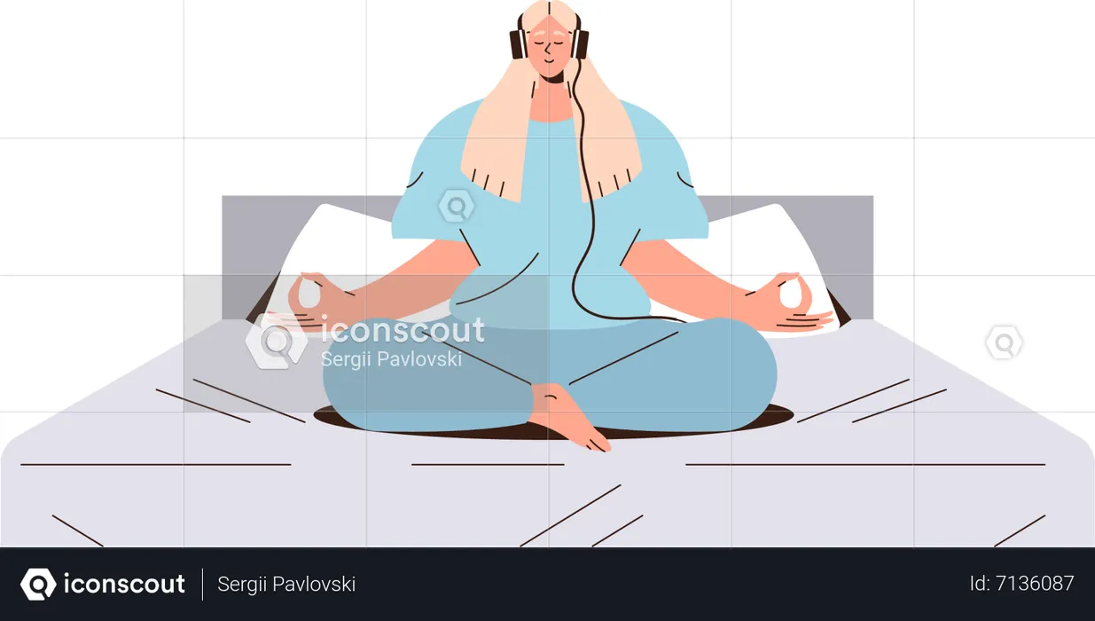 Frau mit Kopfhörern beim Meditieren  Illustration