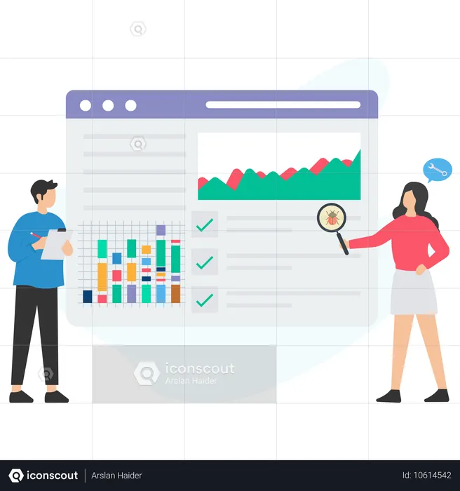 Frau und Mann führen Webseitenanalyse durch  Illustration