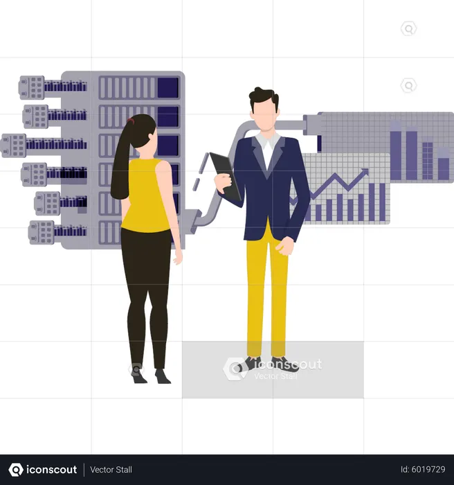 Frau und Mann sprechen über Serveranalyse  Illustration