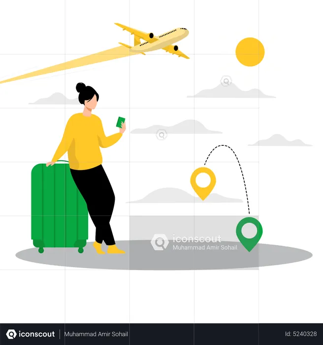 Frau verfolgt Flugzeugstandort per Handy-App  Illustration