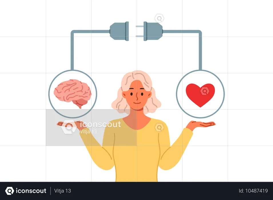 Frau versucht, Gleichgewicht zwischen Gefühlen und Intellekt zu erreichen, indem sie Herz und Gehirn in den Händen hält  Illustration