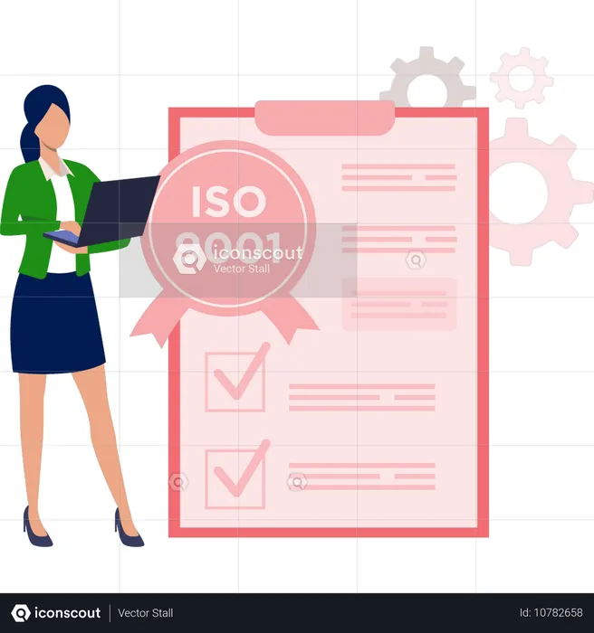 Frau mit Laptop für ISO 9001-Zertifizierung  Illustration