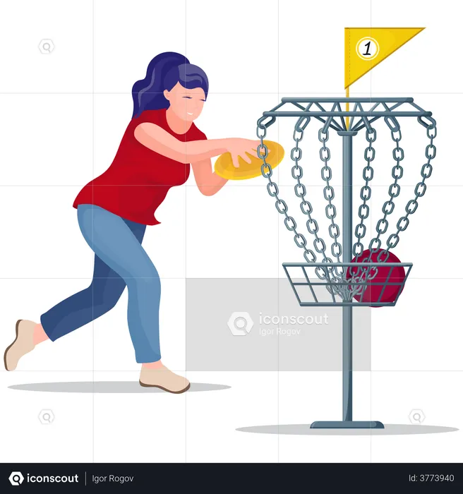 Frau wirft eine Frisbeescheibe in den Korb  Illustration