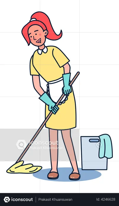 Frau wischt nassen Boden  Illustration