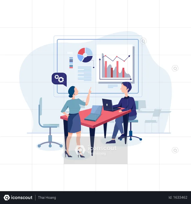 Frau zeigt Geschäftsmann Daten auf Präsentationstafel  Illustration