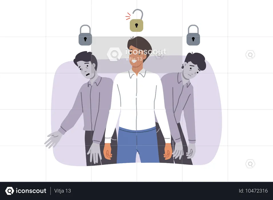 Free man stands among slaves who have become victims of mind control and sociocultural patterns  Illustration