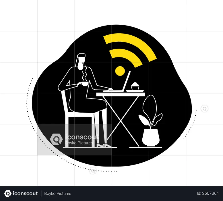 Free wifi - female freelancer sitting in the cafeteria and working on a laptop using wifi connection of cafeteria  Illustration