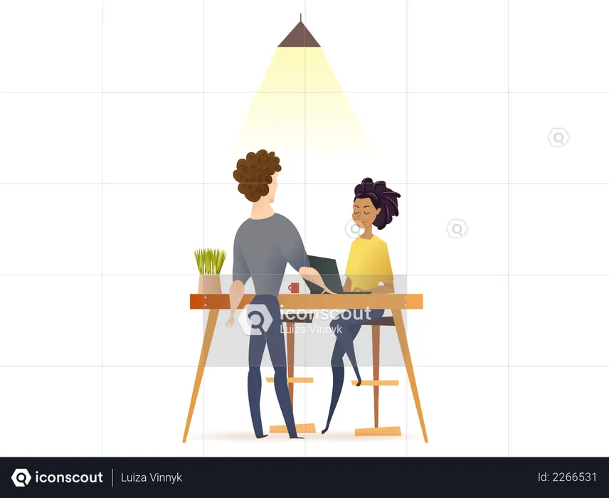 Freelance Couple Work by Table in Co-working Space  Illustration