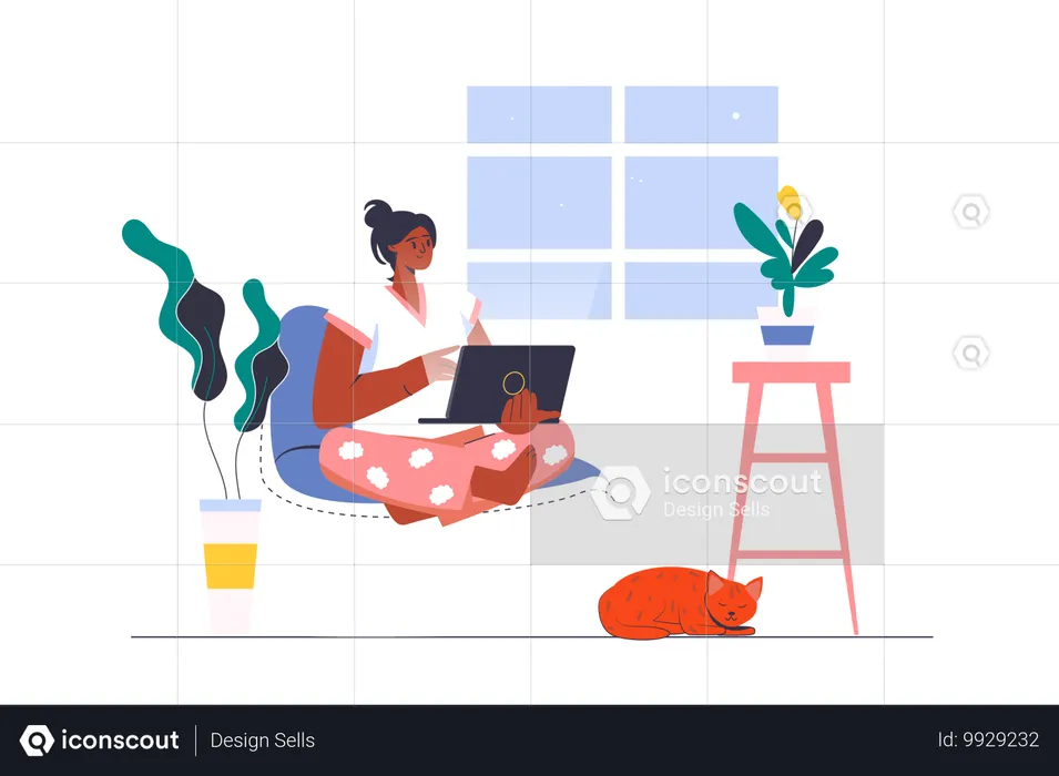 Freelance girl working at home with free schedule  Illustration