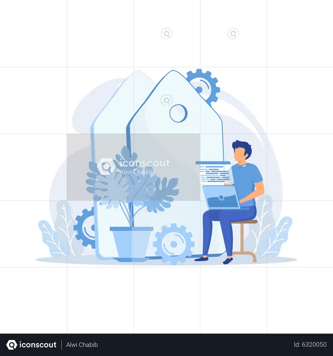Programação freelancer. Personagem de desenho animado do programador trabalhando com laptop, sentado em uma poltrona. Freelancer, trabalhar em casa, autônomo.  Ilustração