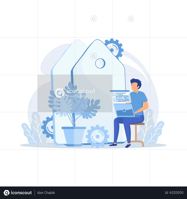 Freelance programming. Programmer cartoon character working with laptop, sitting in armchair. Freelancing, work from home, self-employed.  Illustration