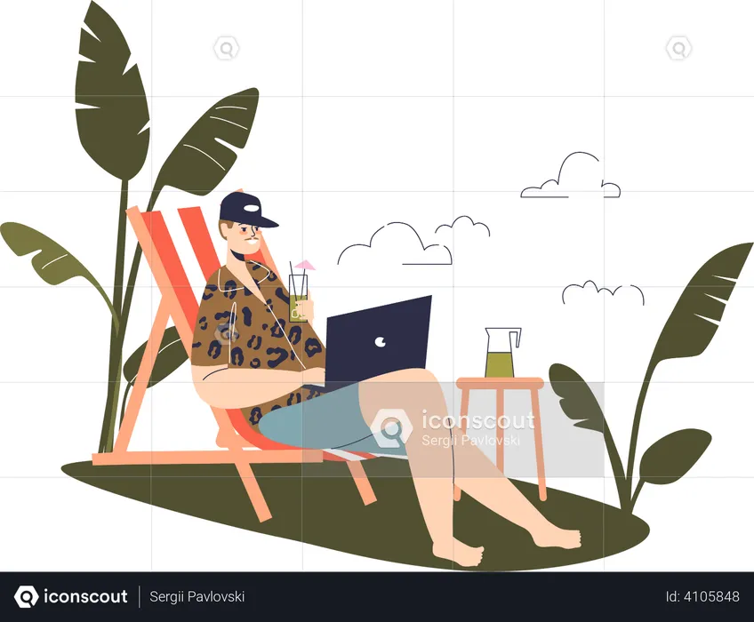 Freelancer trabajando desde la playa mientras toma un cóctel.  Illustration