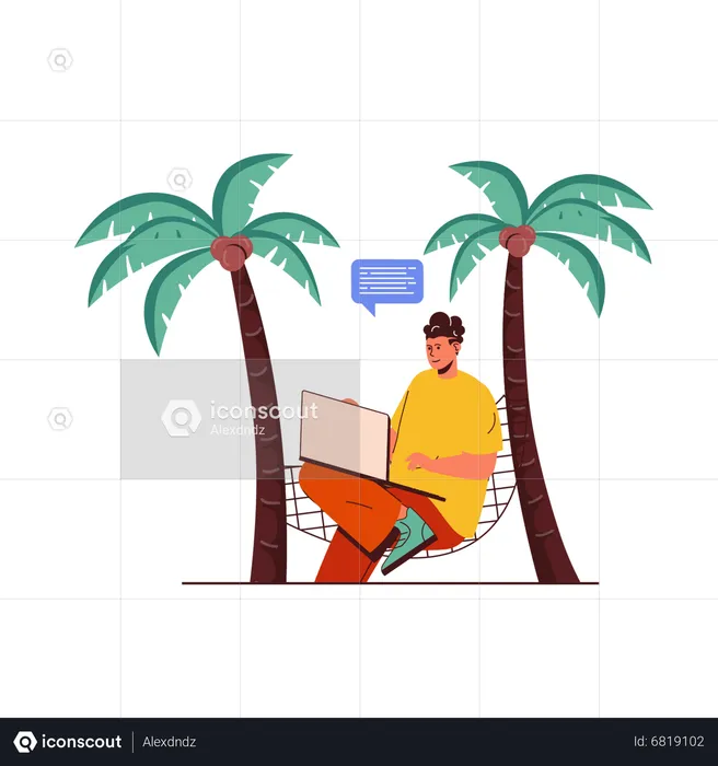 Freelancer trabajando en la playa  Ilustración