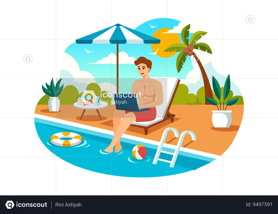 Freelance Workers Relaxing by the Swimming Pool  Illustration