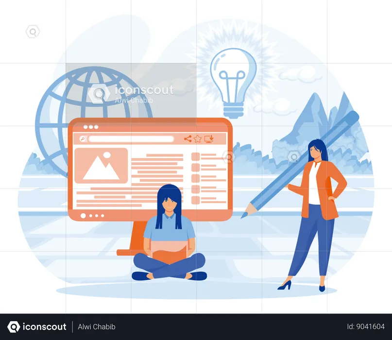 Freelance Writers With Laptops Creating Internet Content  Illustration