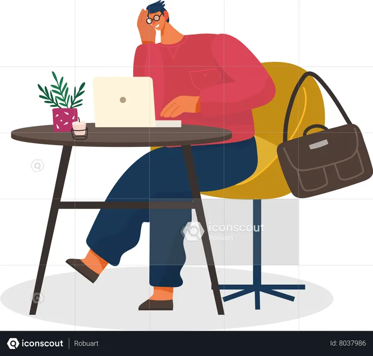 Freelancer Communicating Computer in Cafe  Illustration