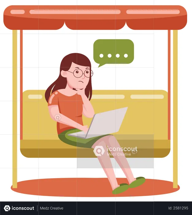 Freelancer girl thinking while working on laptop while sitting on swing  Illustration