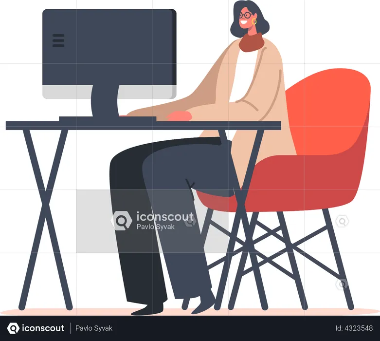 Freelancer Graphic Designer Working on Laptop Sitting at Desk  Illustration