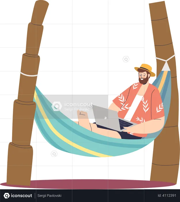 Freelancer guy working on laptop while lying in hammock  Illustration