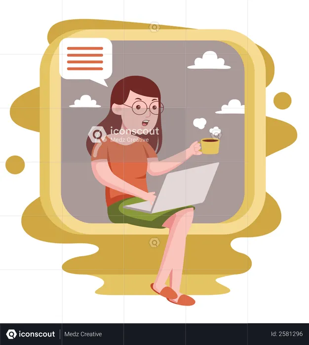 Freelancer lady holding coffee cup while working on laptop  Illustration