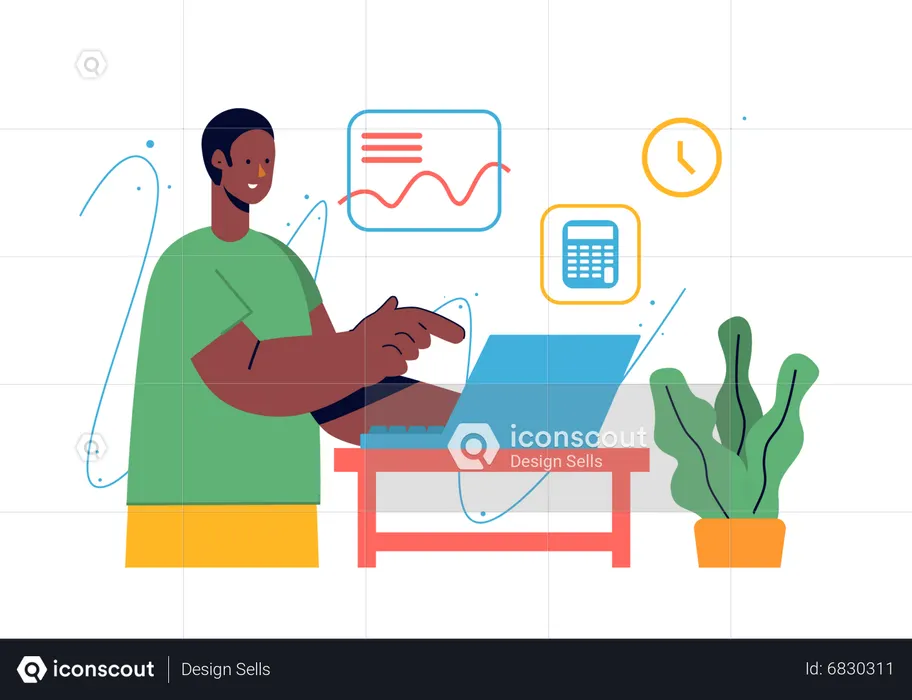 Freelancer masculino trabalhando com relatório analítico  Ilustração