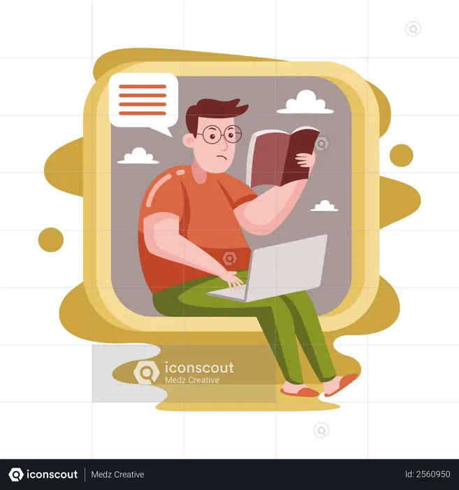 Freelancer reading book while working on laptop  Illustration
