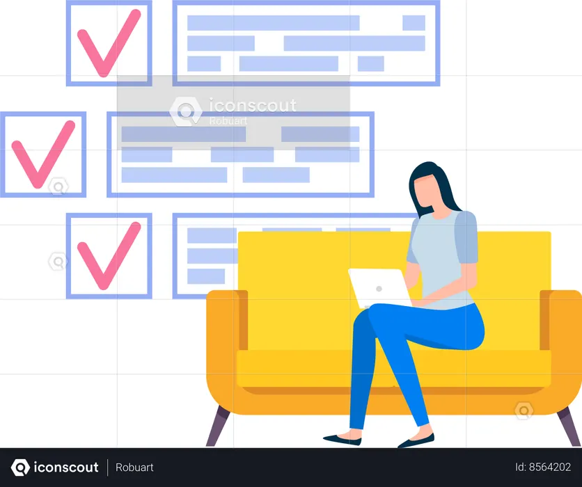 Freelancer sitting with laptop on couch near clipboard with check marks  Illustration