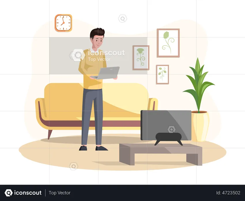 Freelancer standing at home working with laptop  Illustration