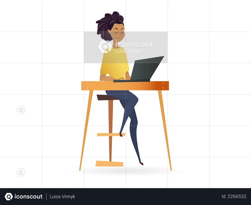 Freelancer Woman Working by Computer on Table  Illustration