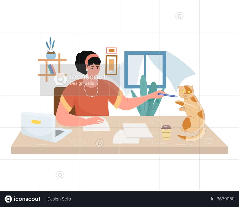 Freelancer woman working on desk  Illustration