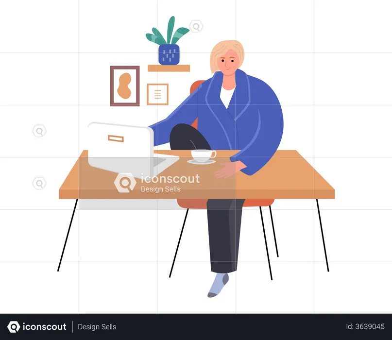 Freelancer woman working on home desk  Illustration