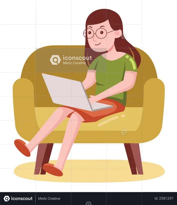 Freelancer woman working on laptop on armchair  Illustration