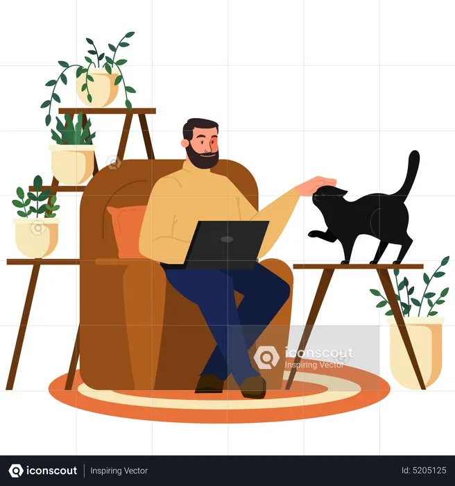 Freelancer worker working on laptop with pet  Illustration