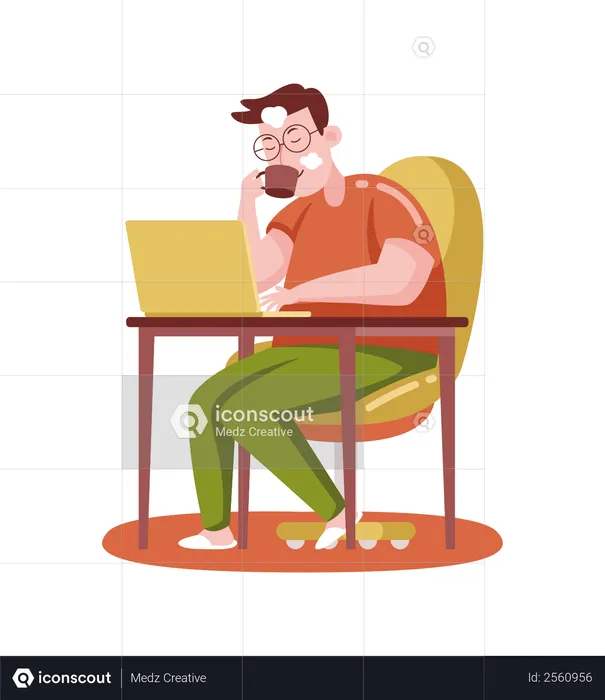 Freelancer working on laptop while drinking coffee  Illustration