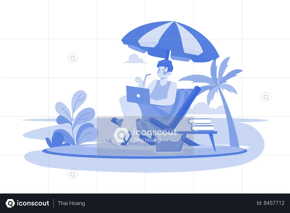 Freelancer Working On The Beach  Illustration