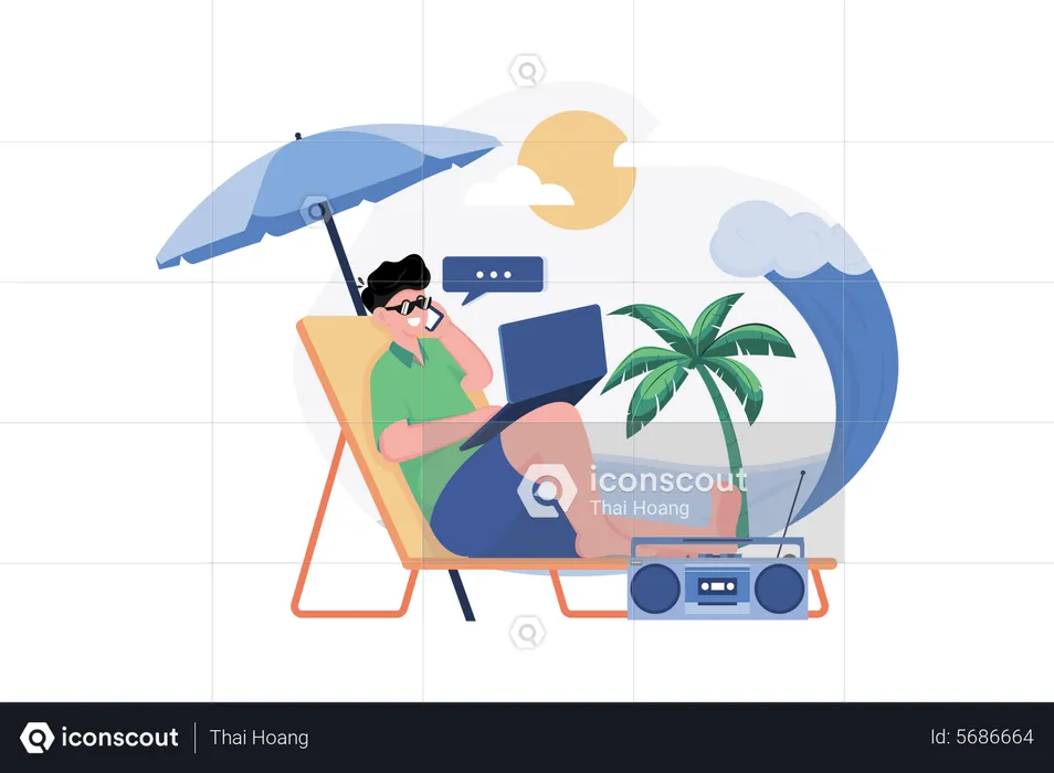 Freelancer working on the beach  Illustration