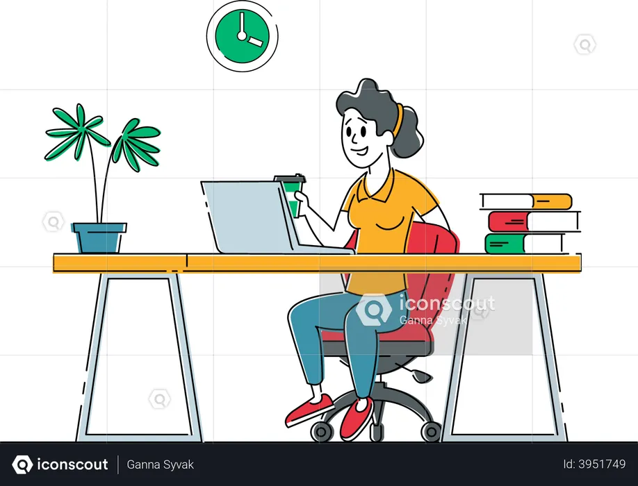 Freiberufliche Frau arbeitet am Laptop und trinkt Kaffee am Schreibtisch  Illustration