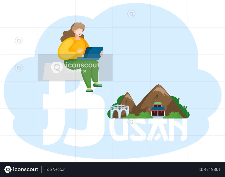 Freiberuflerin arbeitet mit Laptop in Busan  Illustration
