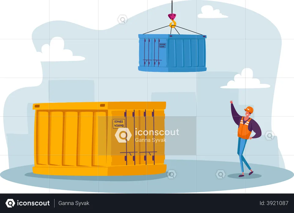 Freight forwarder working on container terminal harbor  Illustration