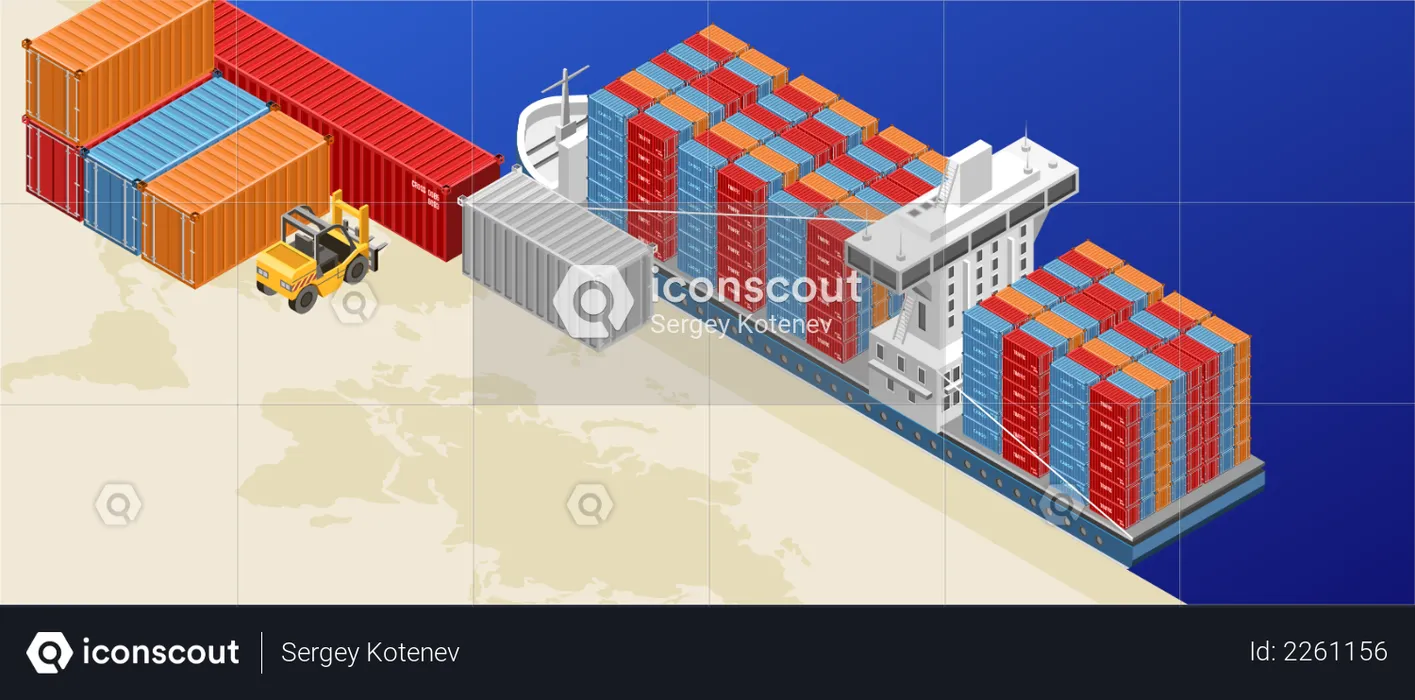 Freight ship with containers in cargo port  Illustration